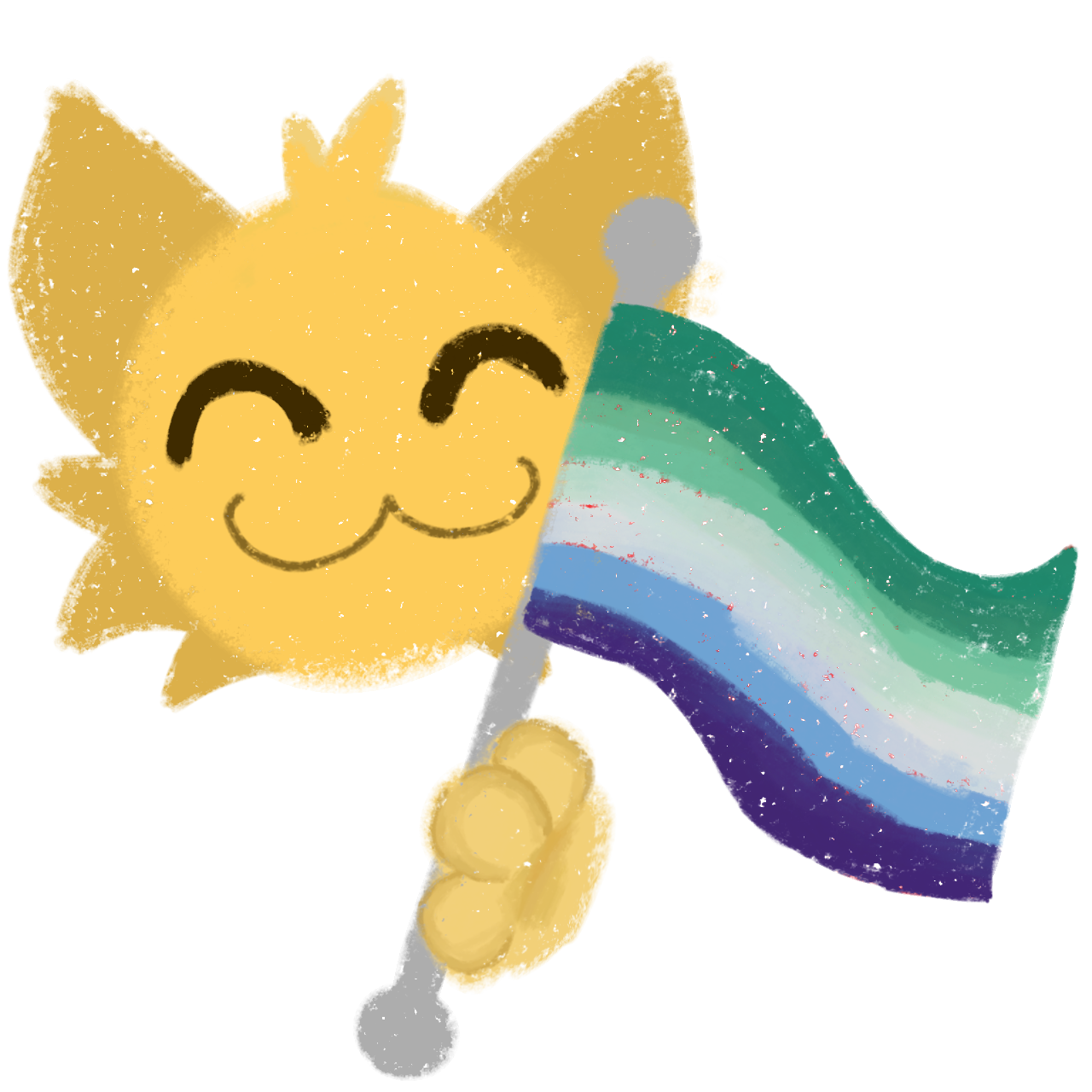  a cute, stylized, yellow cat-like character with a happy expression, holding a gay (mlm) flag, which includes an ombre of blue to green,  The cat character has round, simple facial features, and the image has a textured look.